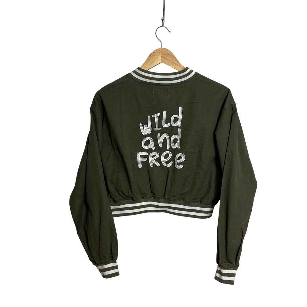 Wild Rose Medium Wild And Free Army Green Embroidered Cropped Jacket Canvas NEW